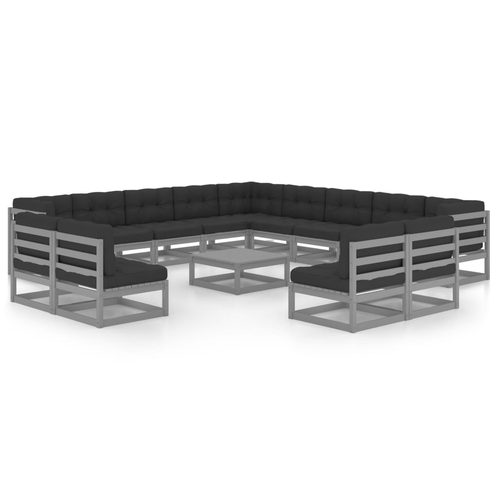 Salon de jardin meuble d'extérieur ensemble de mobilier 14 pièces avec coussins gris bois de pin massif