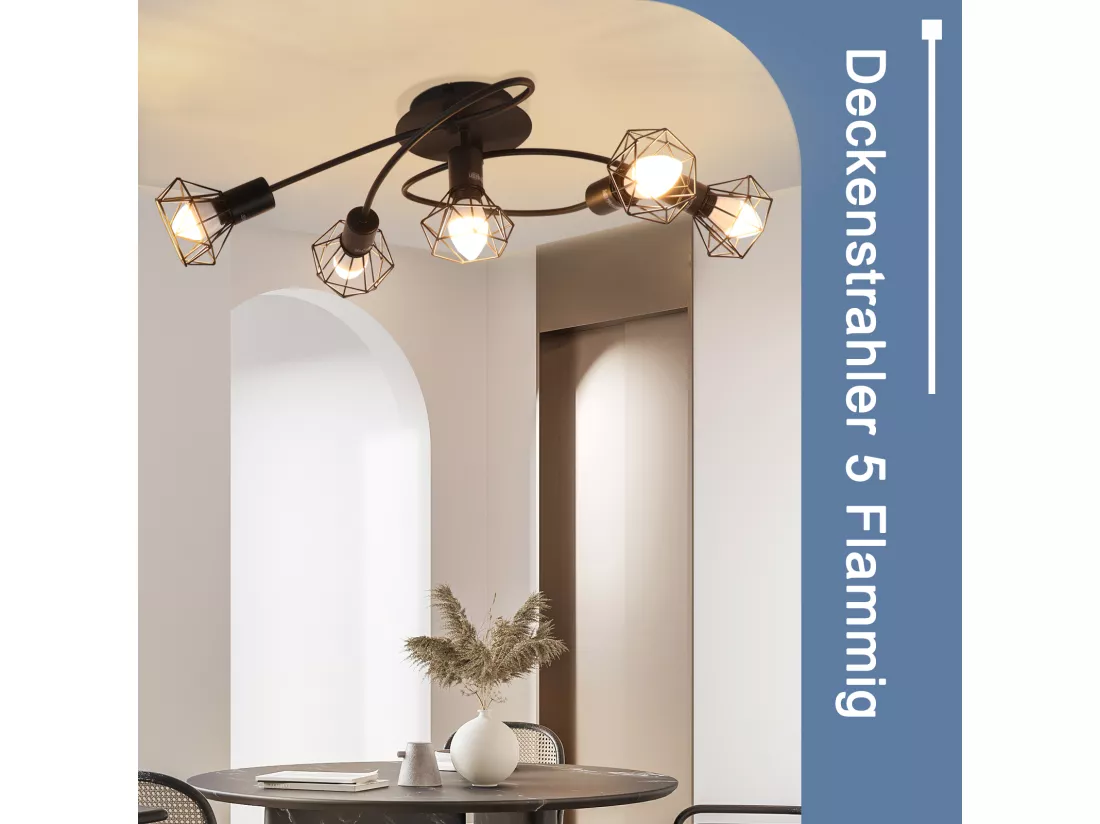 NETTLIFE Plafonnier LED E14 plafonnier noir 5 ampoules industriel orientable 350° spot rétro vintage