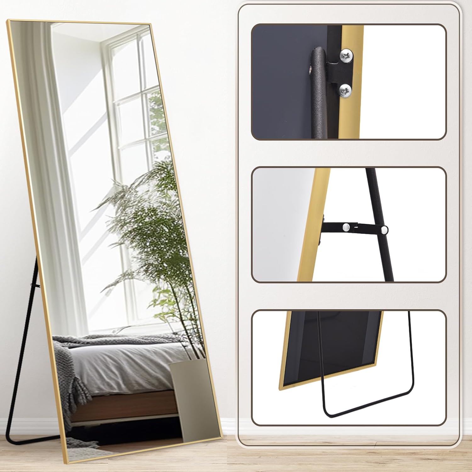 Melodieux Ganzkörperspiegel 180x76cm in voller Länge Modern Großer Freistehender Spiegel Gold Aluminiumrahmen Ankleidespiegel Wandmontierter Wand Hängend Gelehnt Spiegel für Wohnzimmer Schlafzimmer