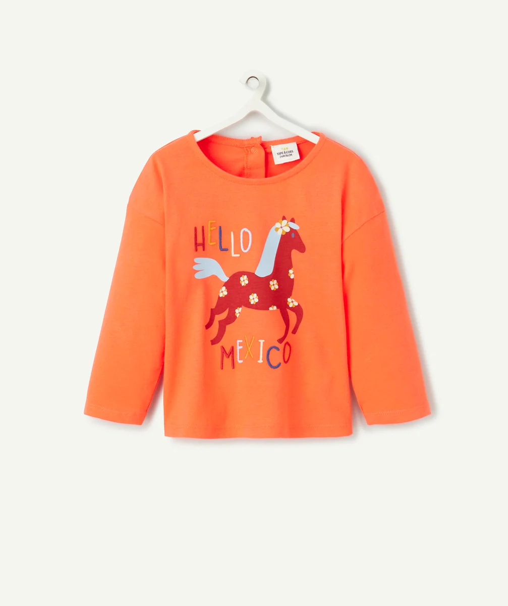 T-SHIRT BÉBÉ FILLE EN COTON BIO CORAIL AVEC MESSAGE ET CHEVAL