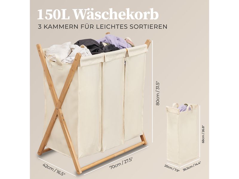 Hennez Wäschekorb  Xavier 150 l, Grau/Nature Aufbewahrungsbox mit 3 Kammern