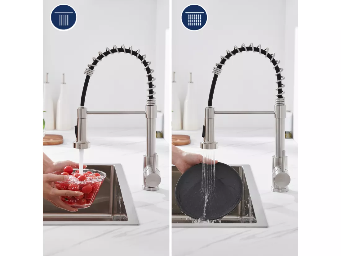 Mitigeur de Cuisine Brossé AuraLum Max pivotant 360° avec Tête Pulvérisation Rétractable,Robinet Cuisine à ressort,Inoxydable,Double Mode,EU Modèle