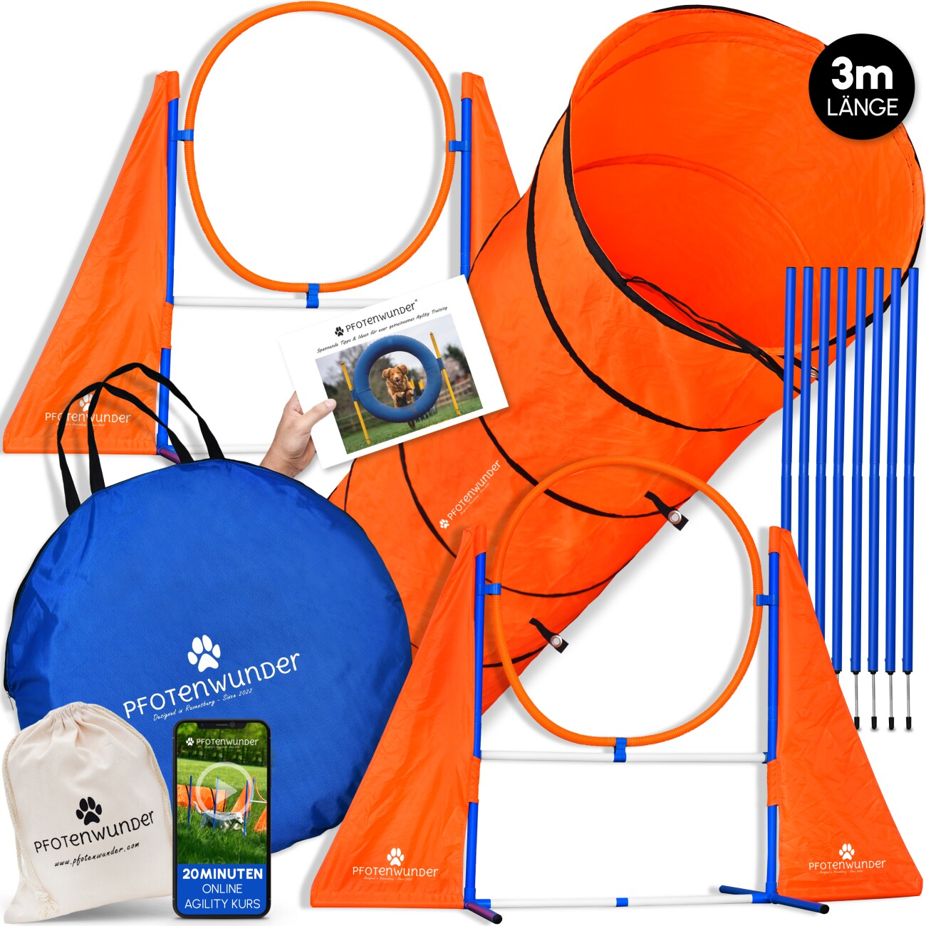 PfotenWunder® XXL-Profi-Agility Set Hunde Groß + 3 M-Tunnel + 21 Min. HUNDESCHULE - 6 Slalomstangen, für kleine & große Hunde-Training Sport Cavaletti Parcour Steckhürdenset Zubehör Hürden