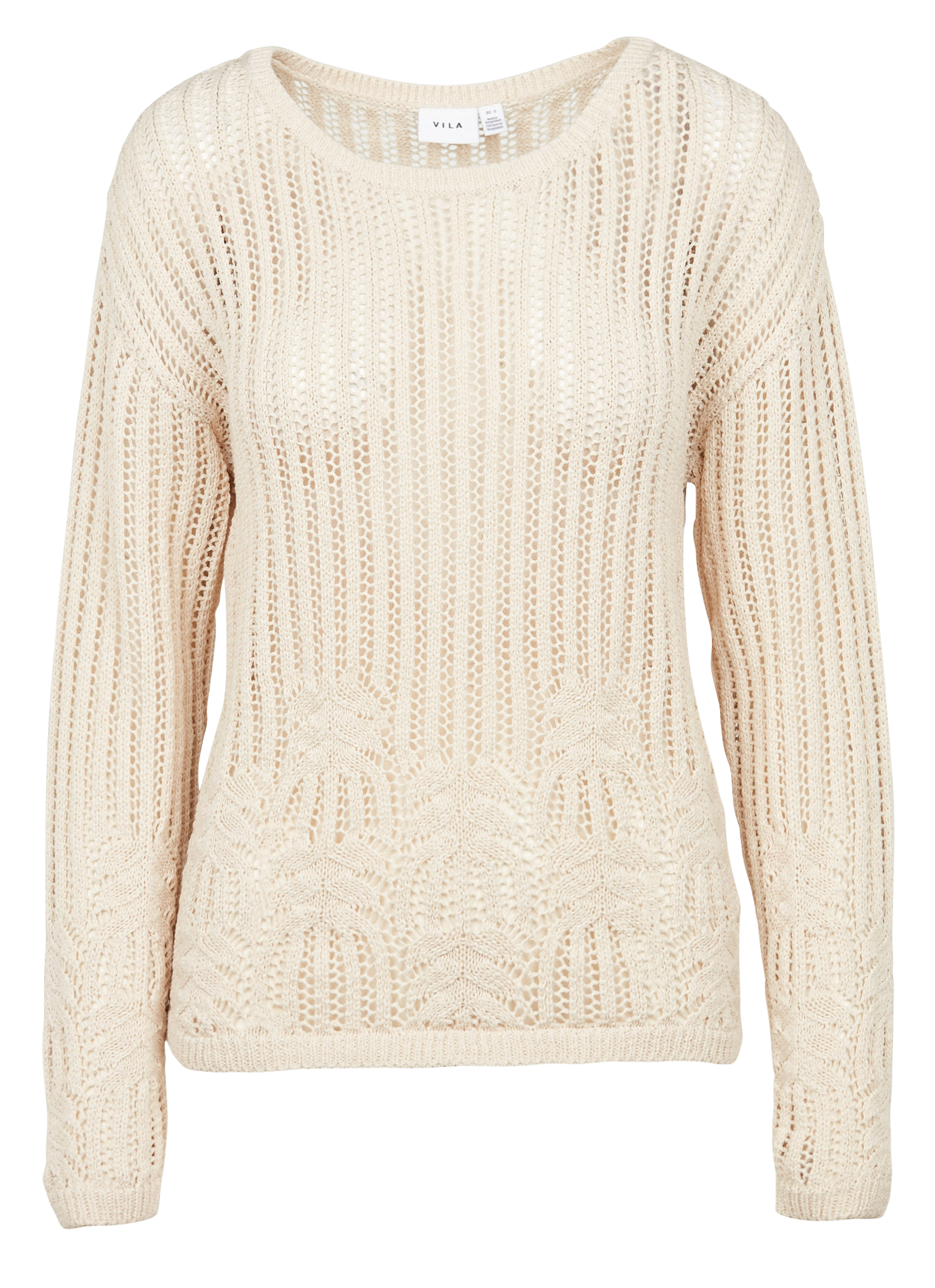 Pull col rond en maille ajourée| Beige