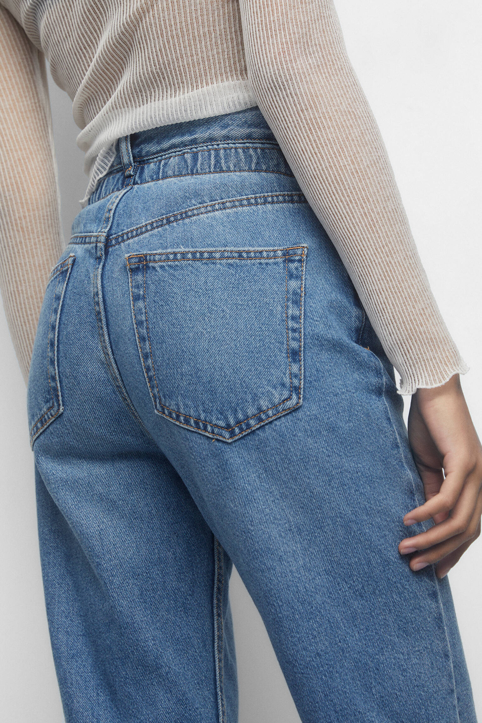 Calça jeans reta de cintura alta com elástico - azul médio