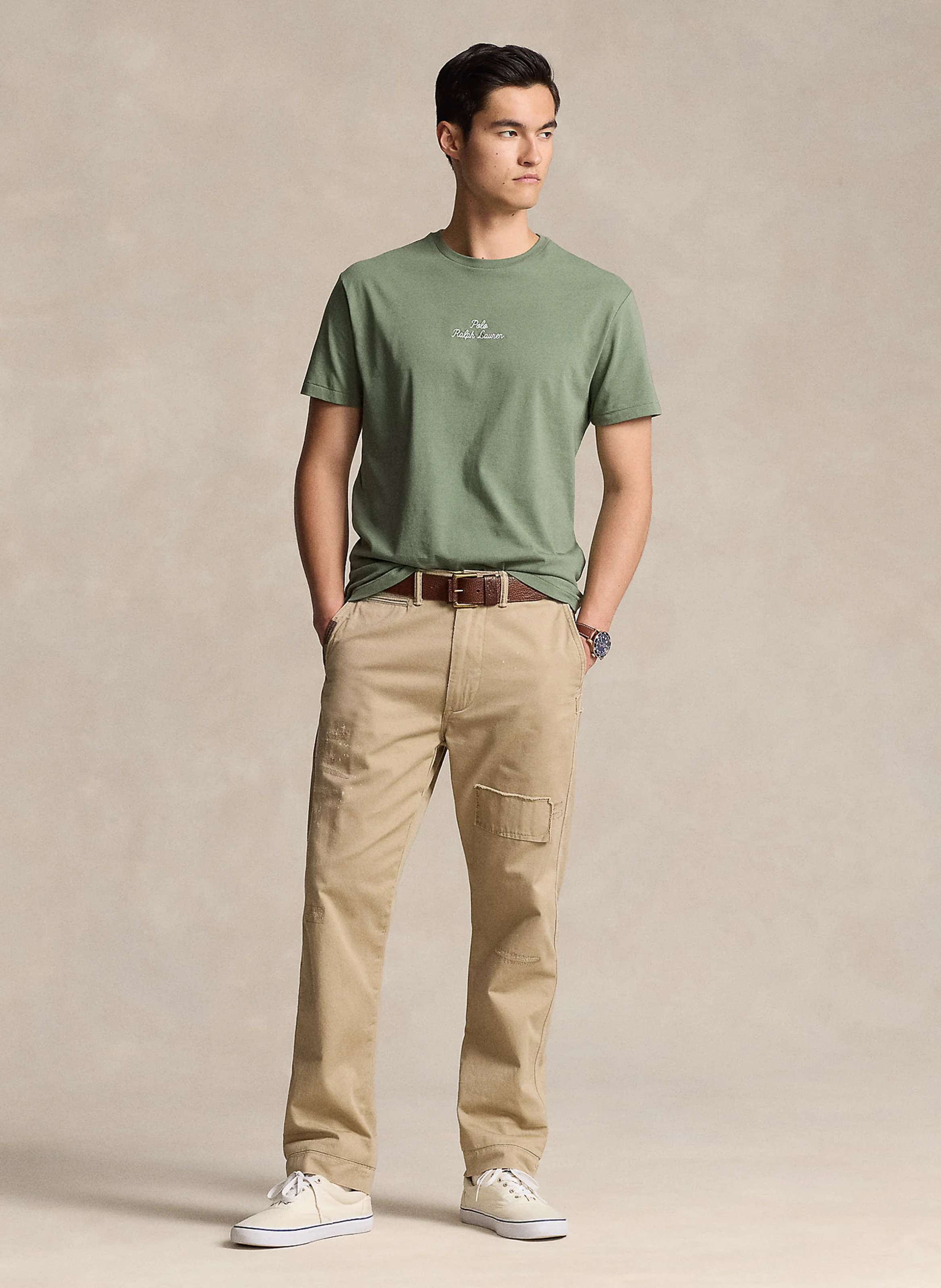 Tee-shirt col rond logo brodé en coton | Vert