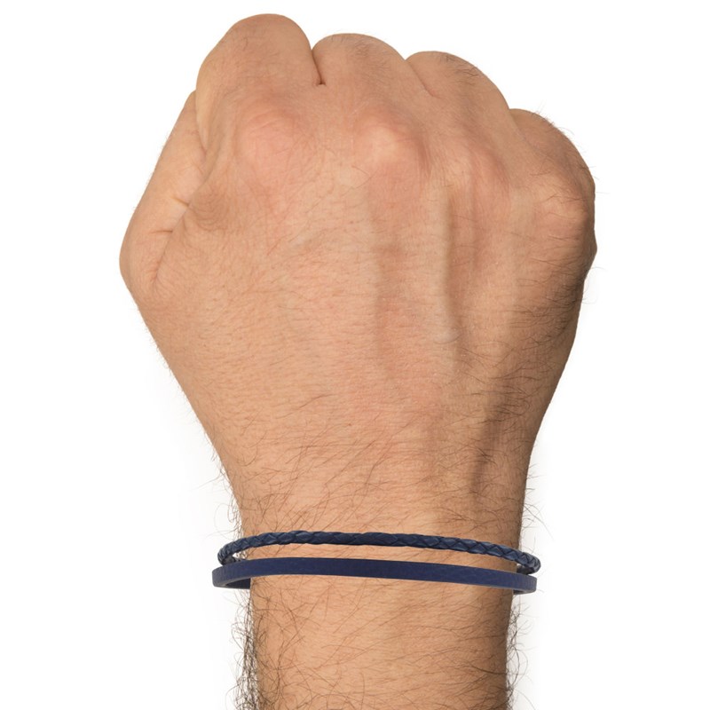 Bracelet Acier Homme Cuir Plat Texturé et Tréssé Rond Bleu Navy - taille 20 cm