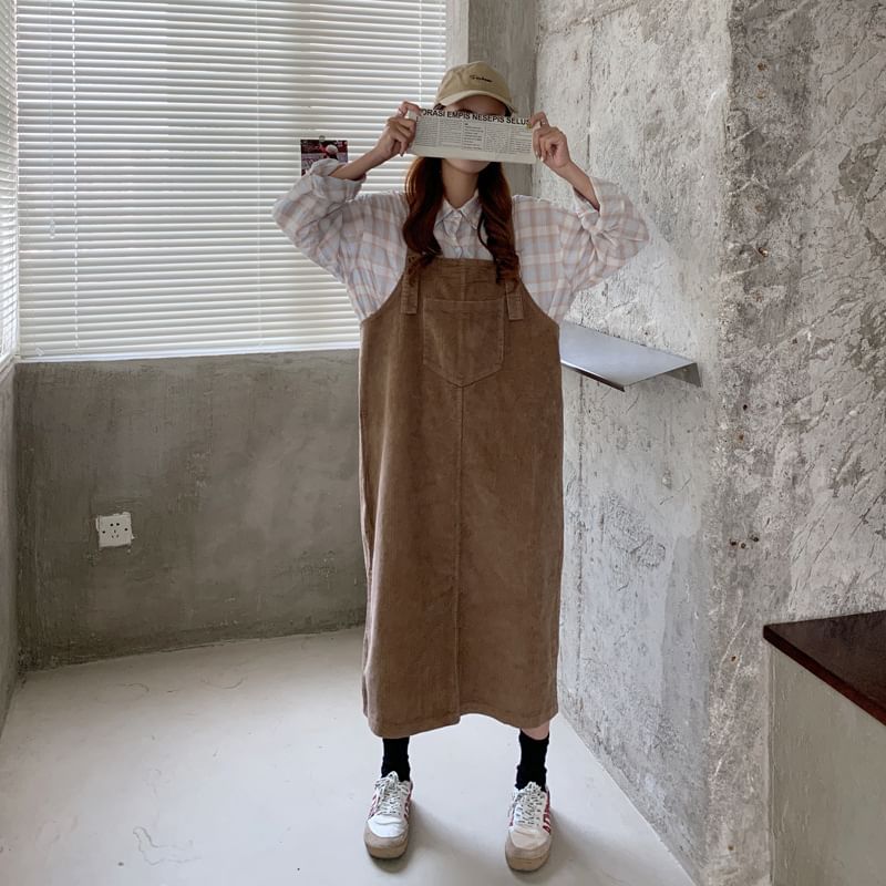 Bakli - Midi-jurk van corduroy met vierkante hals en split