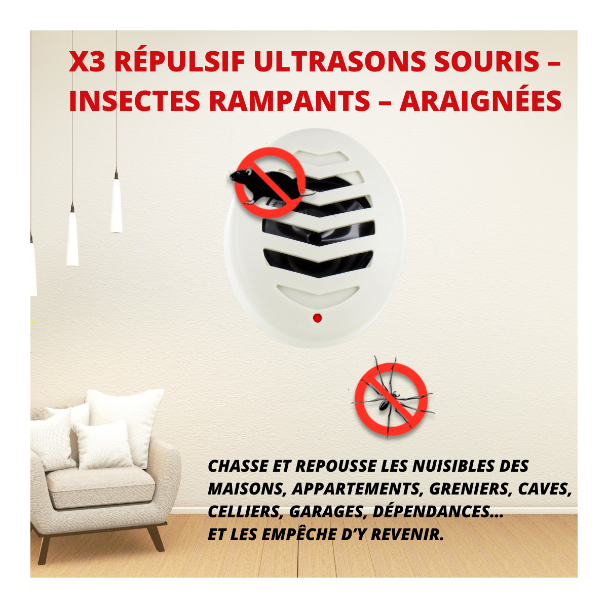 Répulsif ultrasons souris - insectes rampants - araignées - lot de 3