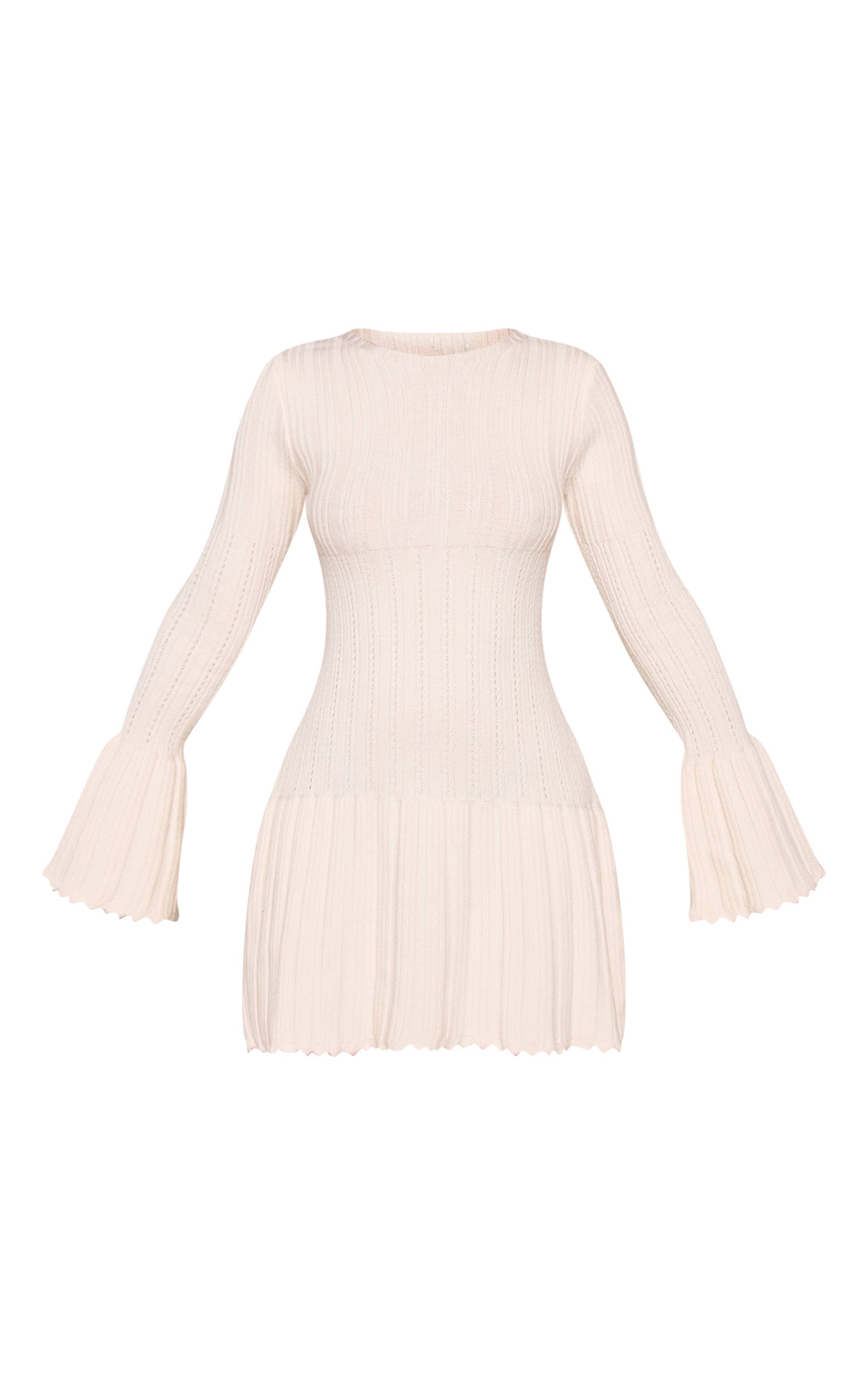 Crème Robe Mini En Maille À Manches Longues Festonnées Petite
