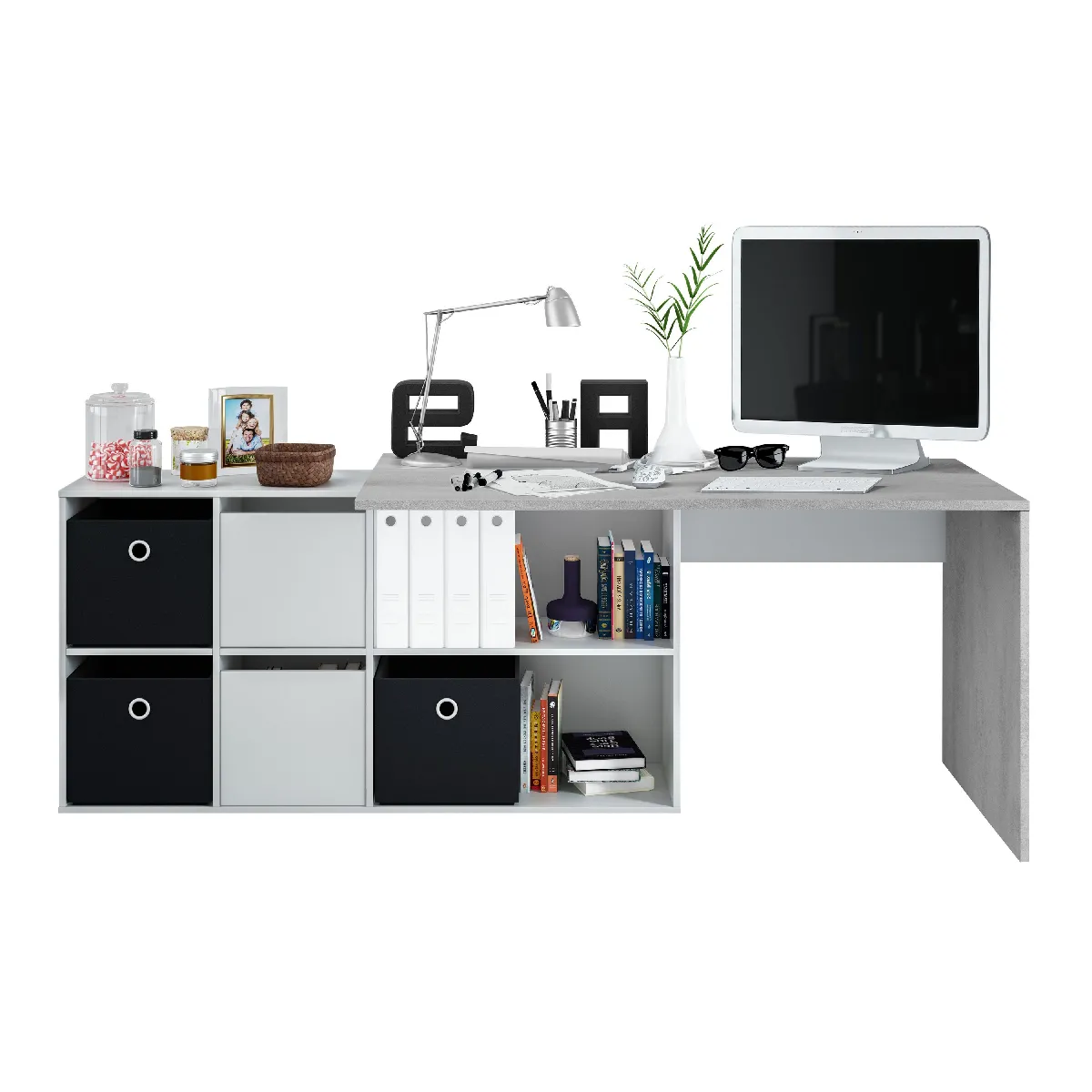Alter Bureau réversible avec bibliothèque béton Anthracite