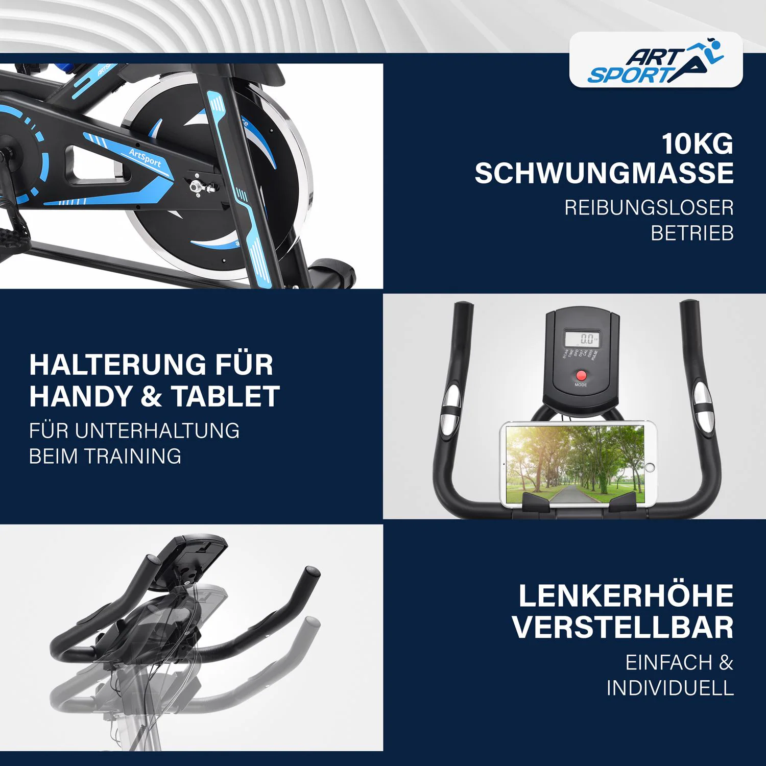 ArtSport Speedbike RapidPace mit Smartphone Halterung, Computer & Pulsmesser, 10 kg Schwungmasse