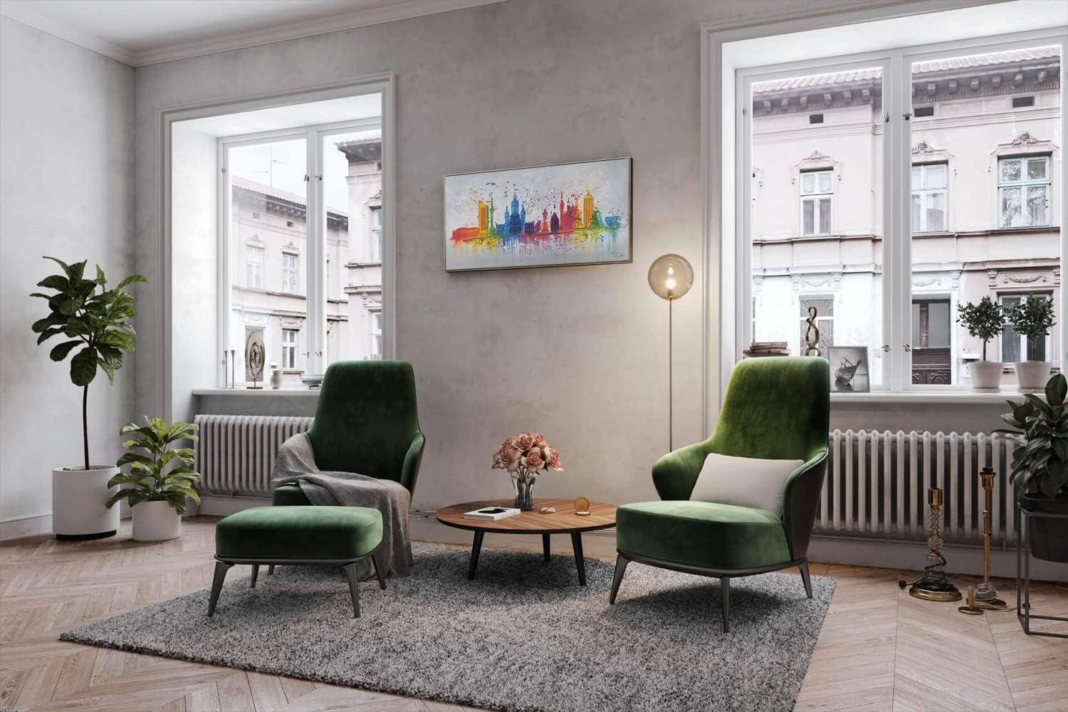KunstLoft Leinwandbild | 100% HANDGEMALT | 120x60cm | Gemälde 'Leipzig Silhouette' | Skyline | Bunt Grau | Wandbild Wohnzimmer