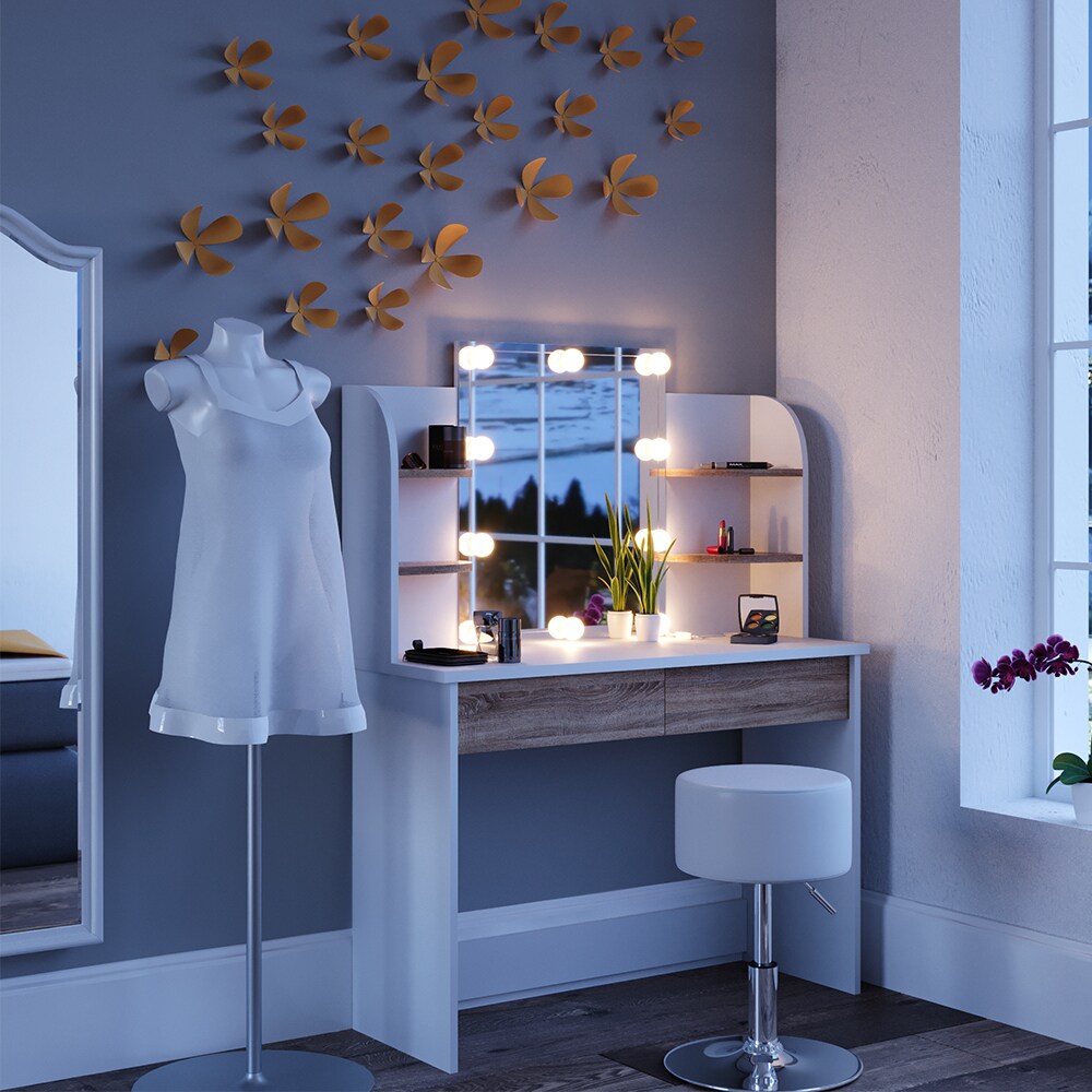 VICCO LED Schminktisch CHARLOTTE Frisiertisch Weiß Eiche Kosmetiktisch Hocker
