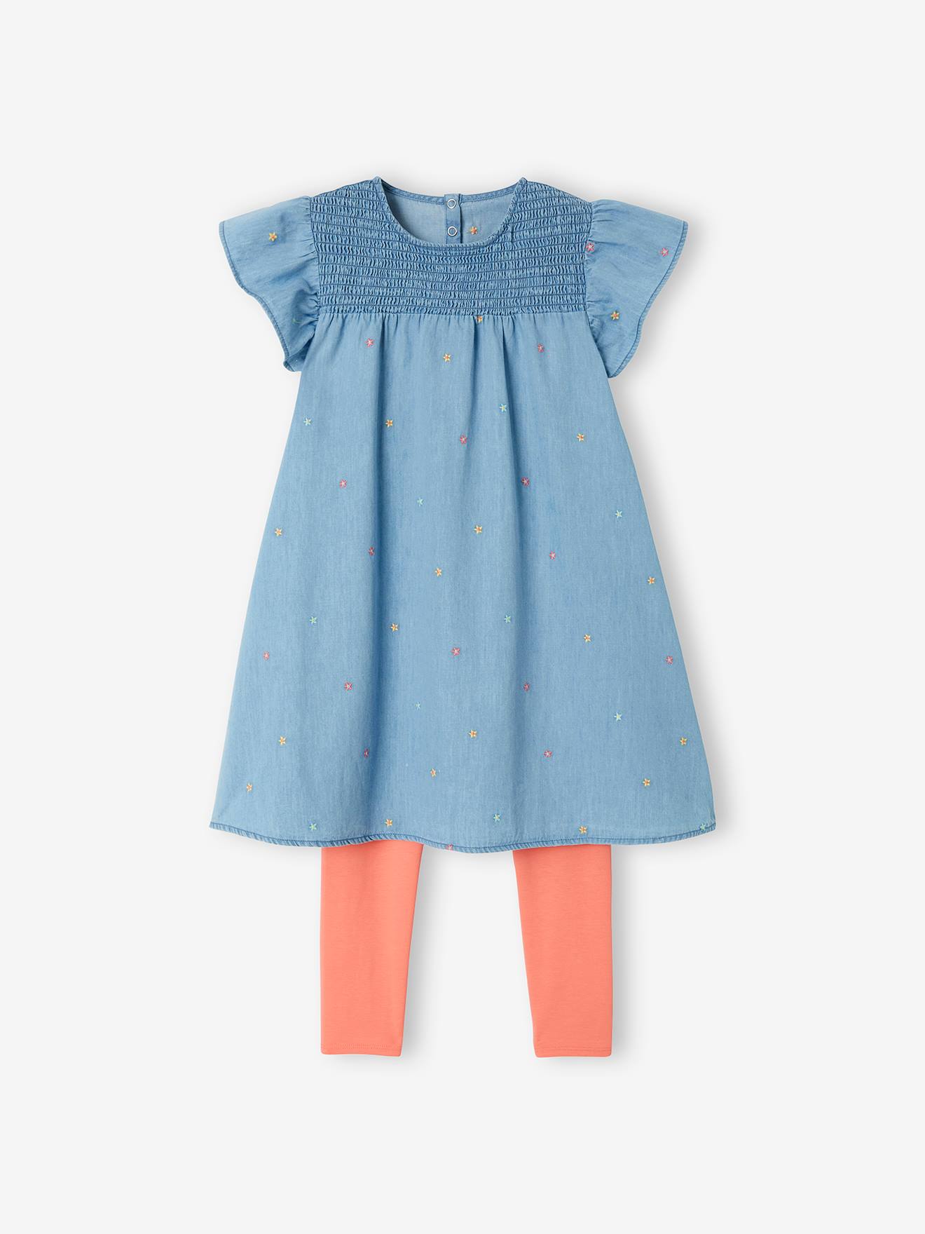 Conjunto de duas peças para meninas, composto por um vestido jeans bordado e leggings lisas azul-claras.