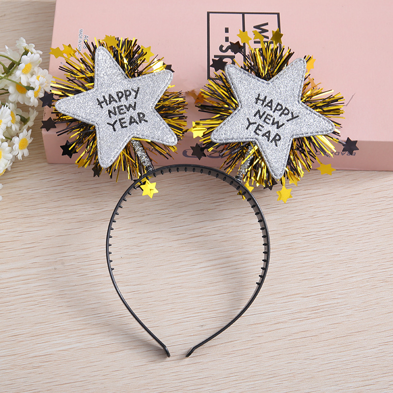 (2er Set) Happy New Year Haarreif Silvester Party Accessoire Glitzer Haar Schmuck Stern Design - Silber / Gold / Schwarz