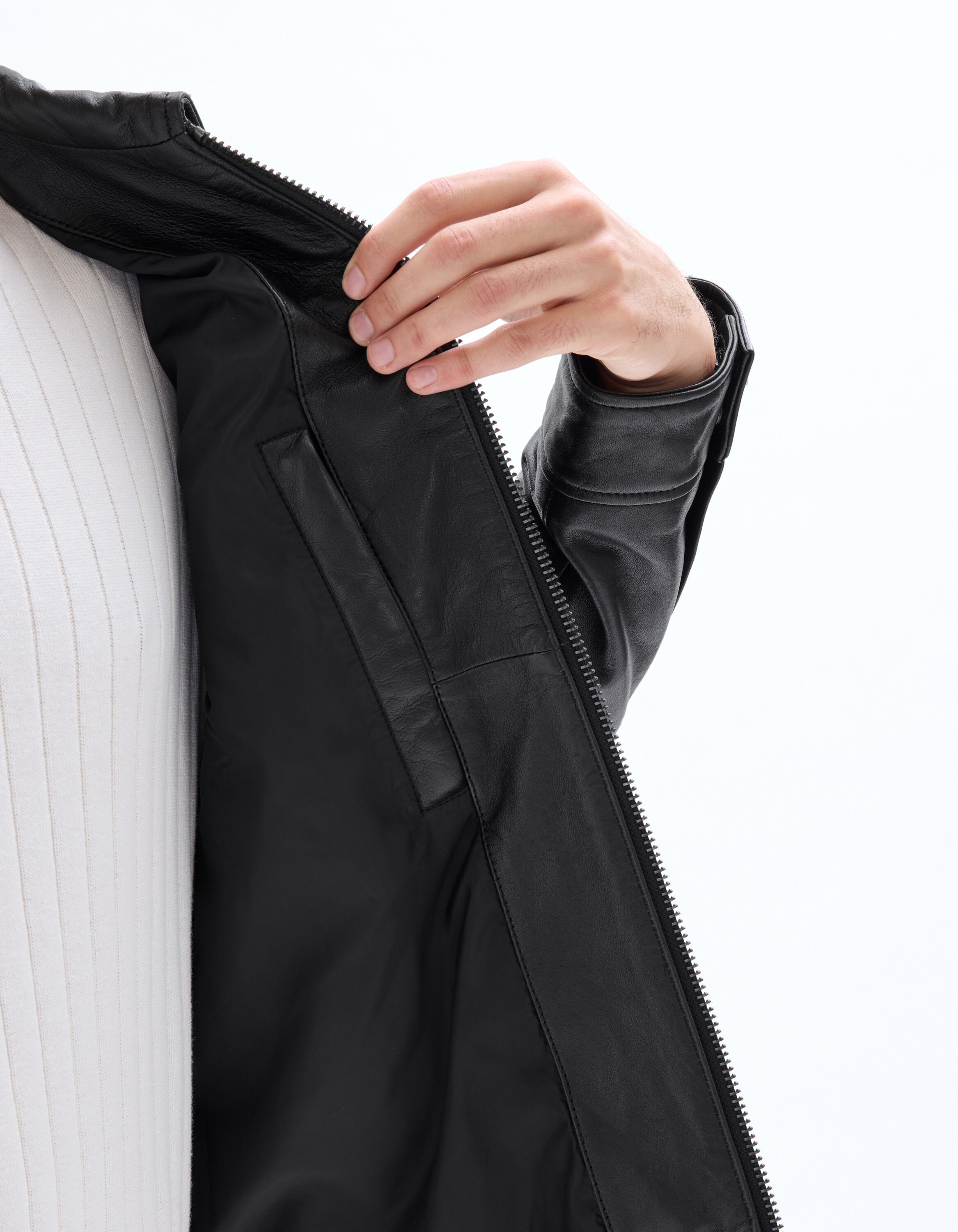 Blouson en cuir col chemise - noir