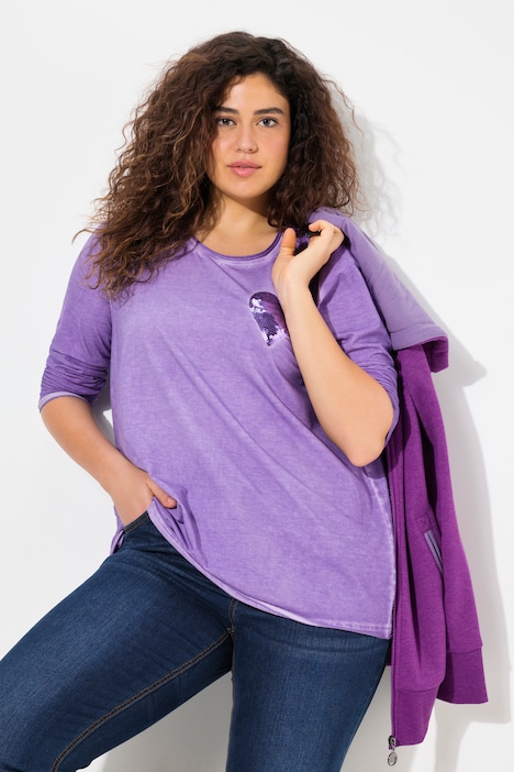 Shirt, cold dyed, Pailletten-Herz, V-Ausschnitt, Langarm