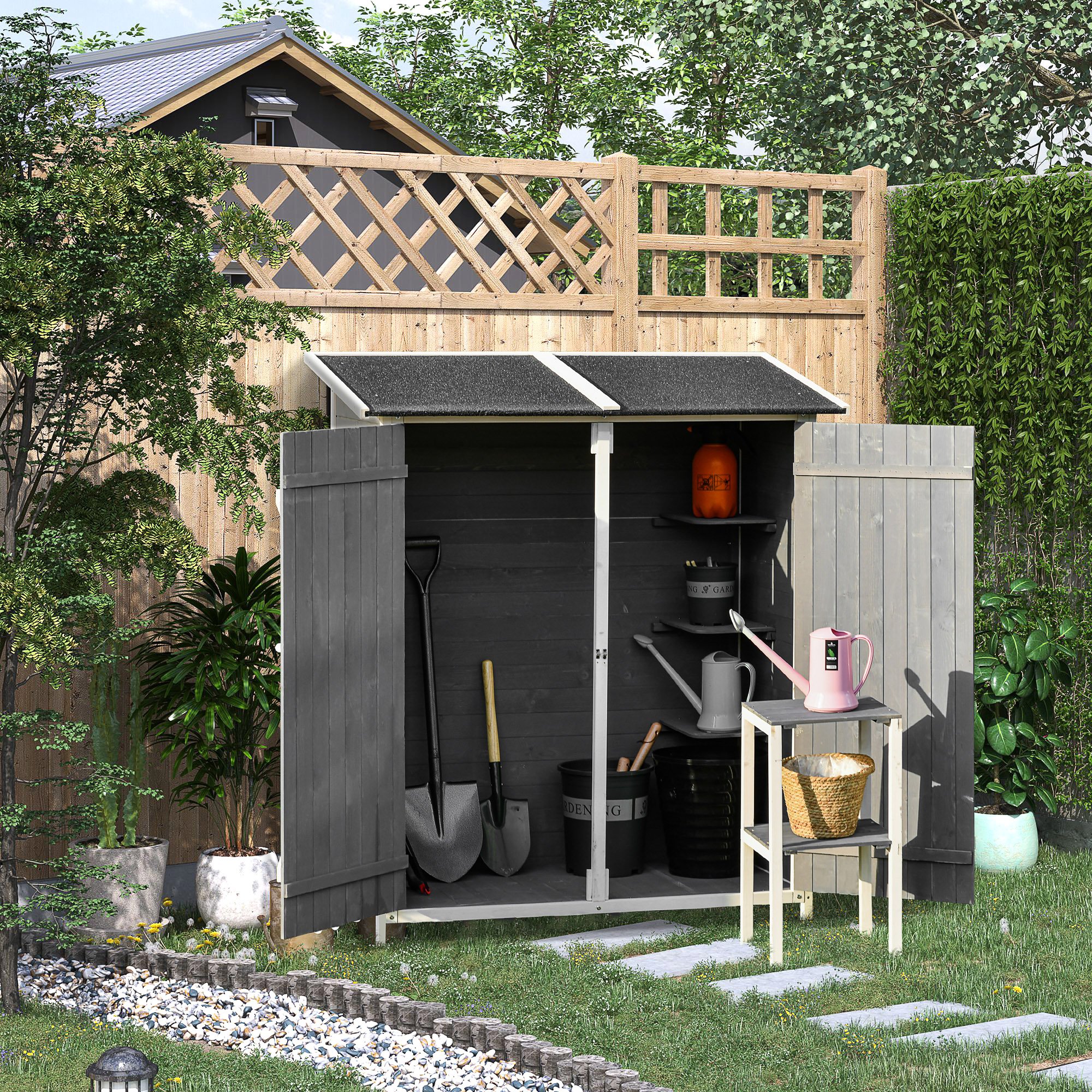 Casinha de jardim de madeira Outsunny, 139x75x160 cm, para guardar ferramentas, com prateleiras móveis, portas com fechadura, telhado de asfalto, cinza.
