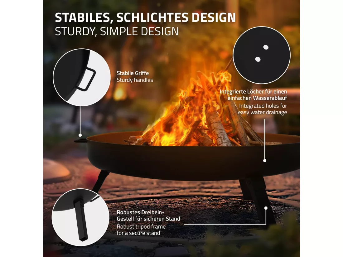 Bol à feu basero acier noir avec 3 pieds pliables foyer grille barbecue Ø70x27cm