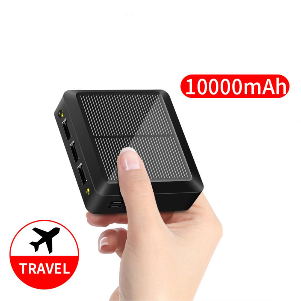 10000mAh Mini Solar Powerbank mit 3x USB A Anschluss    Dual LED Taschenlampe - Schwarz