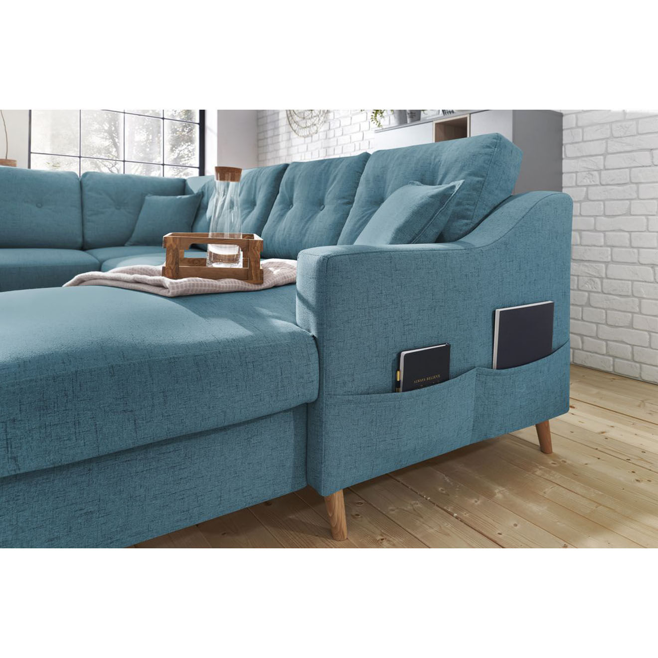 Bobochic Canapé d'angle panoramique convertible droit Sweden bleu clair - 300x149/90/198x95 cm