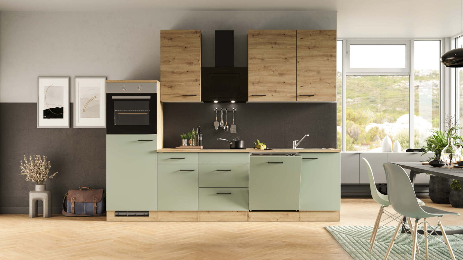 Küchenblock CARA - schilfgrün - Artisan Eiche - mit E-Geräten - 280 cm