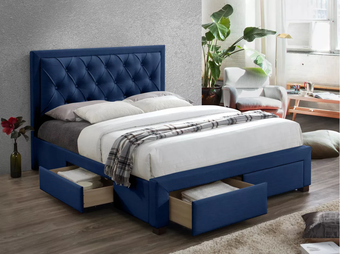 Lit avec tiroirs 180 x 200 cm - Tissu velours bleu - LEOPOLD