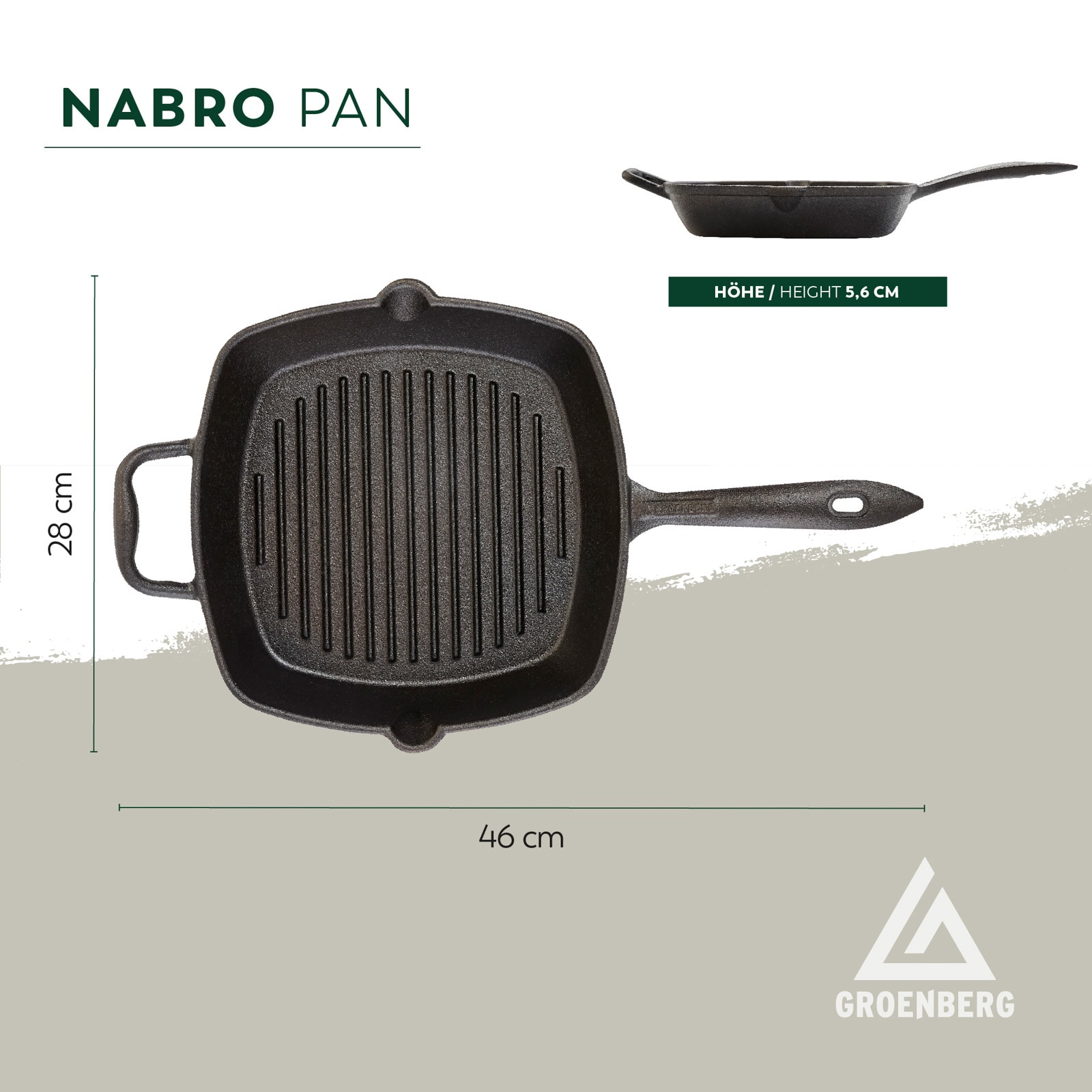 GROENBERG Grillpfanne Gusseisen Pfanne Nabro Bratpfanne Griff Quadratisch 28 cm
