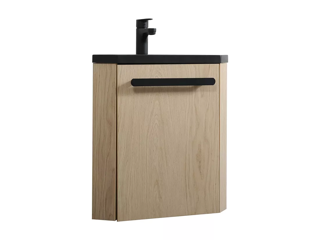 Meuble lave-mains d'angle décor chêne vasque noire SKINO
