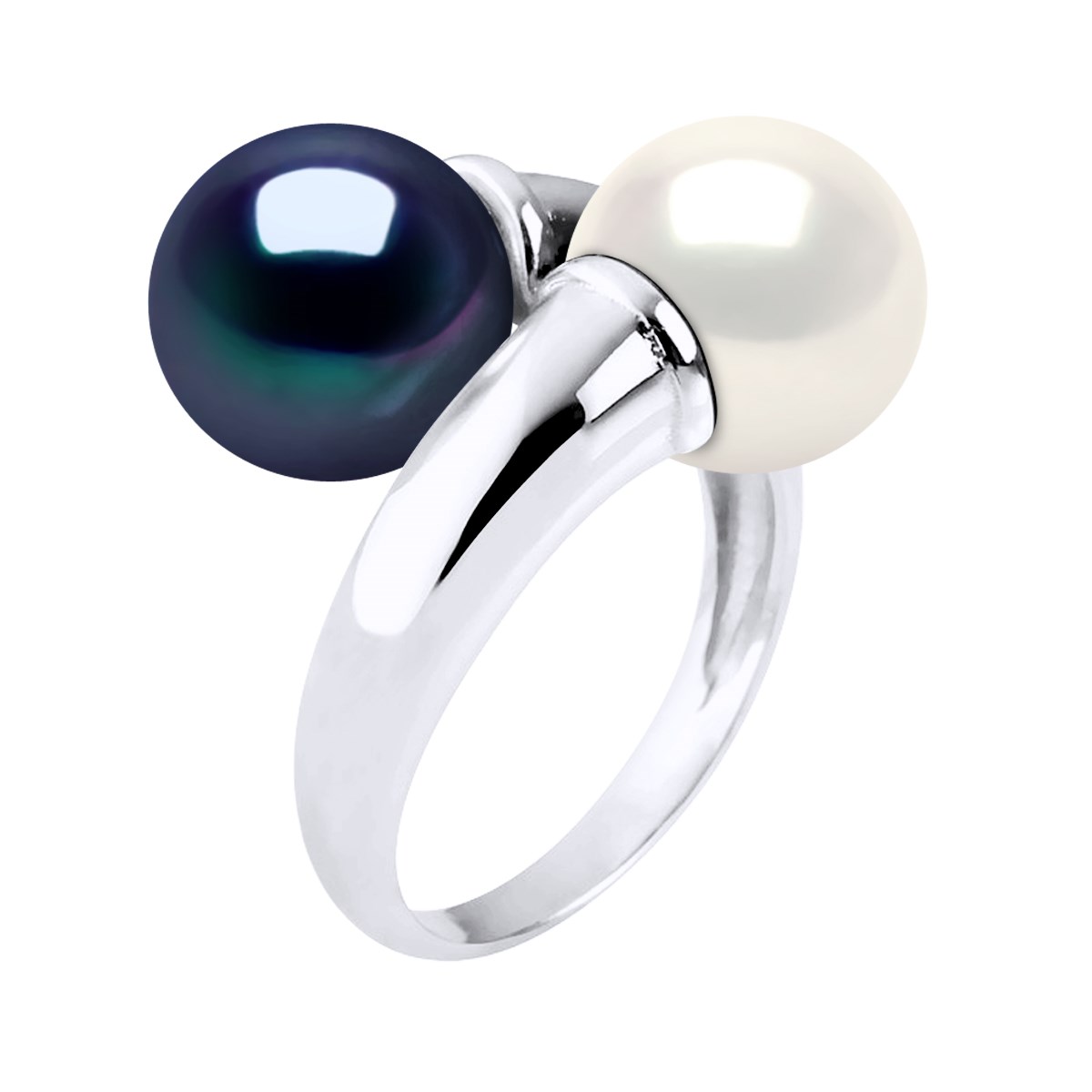 Bague TOI ET MOI Perles d'Eau Douce 8 mm Blanche et Noire Argent 925