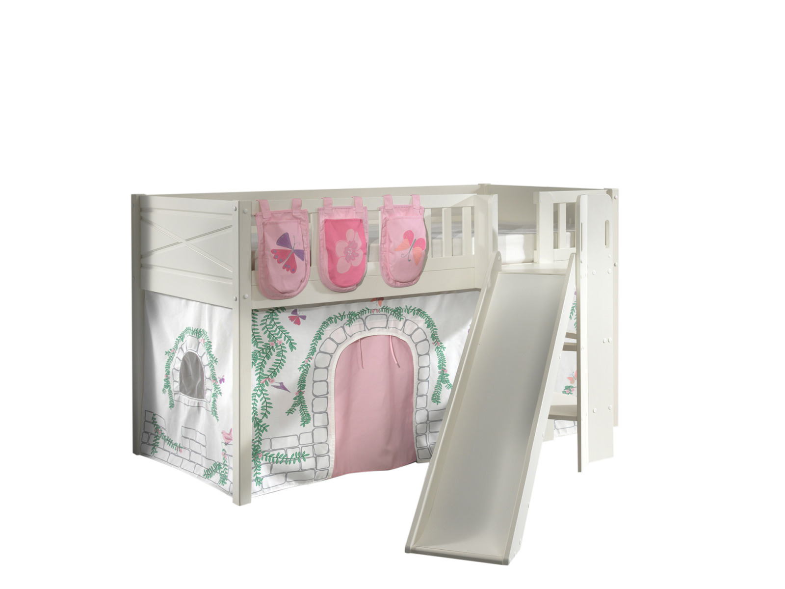 Spielbett SCOTT - weiß - Birdy - mit Rutsche, Vorhang, Taschen und Leiter - 90x200 cm