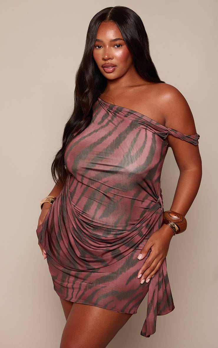 Marron Robe Courte Grande Taille Imprimé Zèbre Tissu Double Slinky Froncé Avec Détails Drapés
