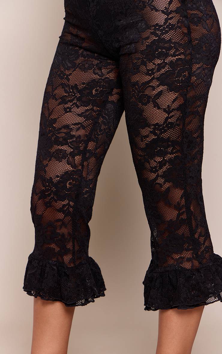 Noir Pantalon Capri En Dentelle À Ourlet À Volants Petite