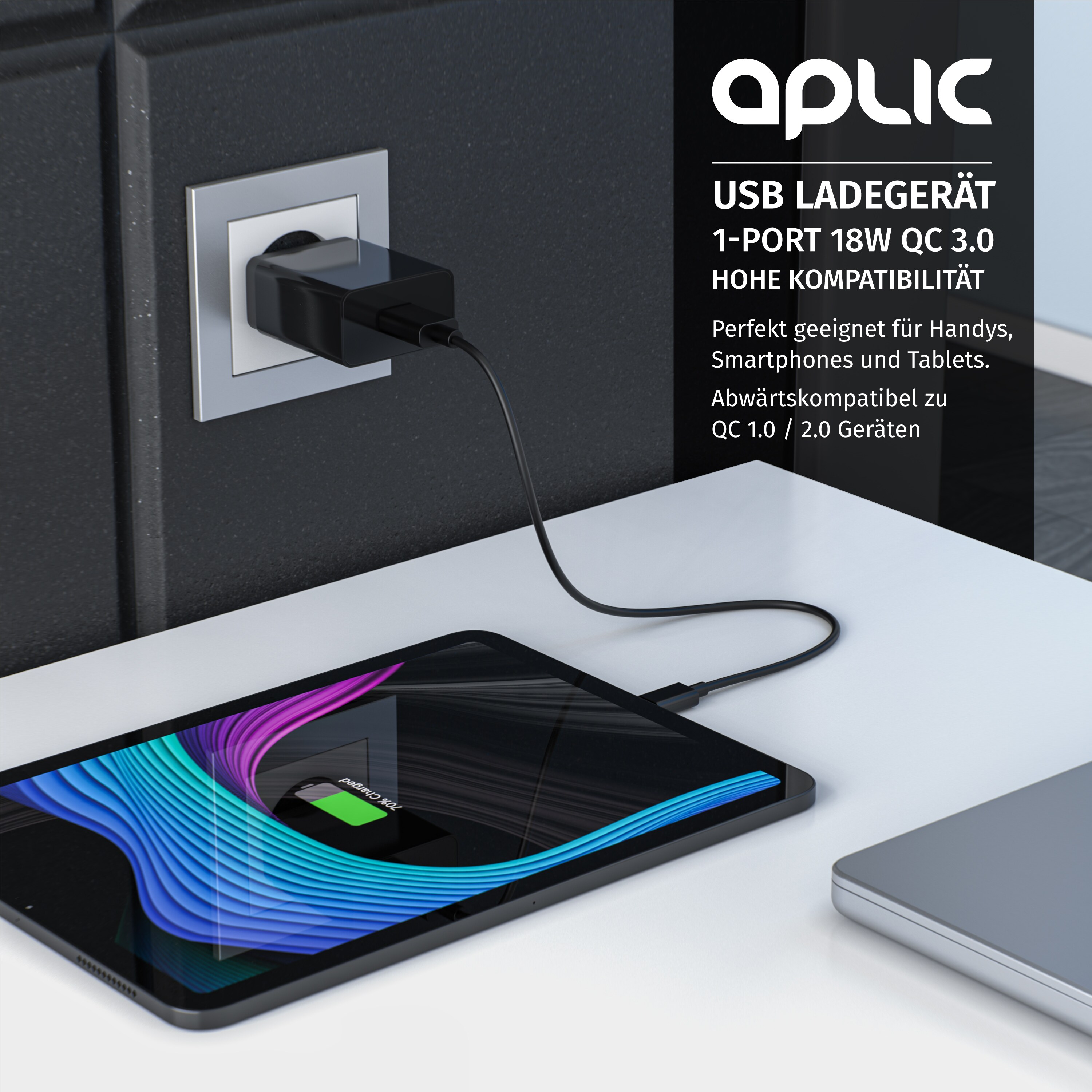 Aplic USB-Ladegerät 3000 mA, Quick Charge 3.0 USB-Ladegerät 1x USB A QC 3.0 Port / max. 3A über QC