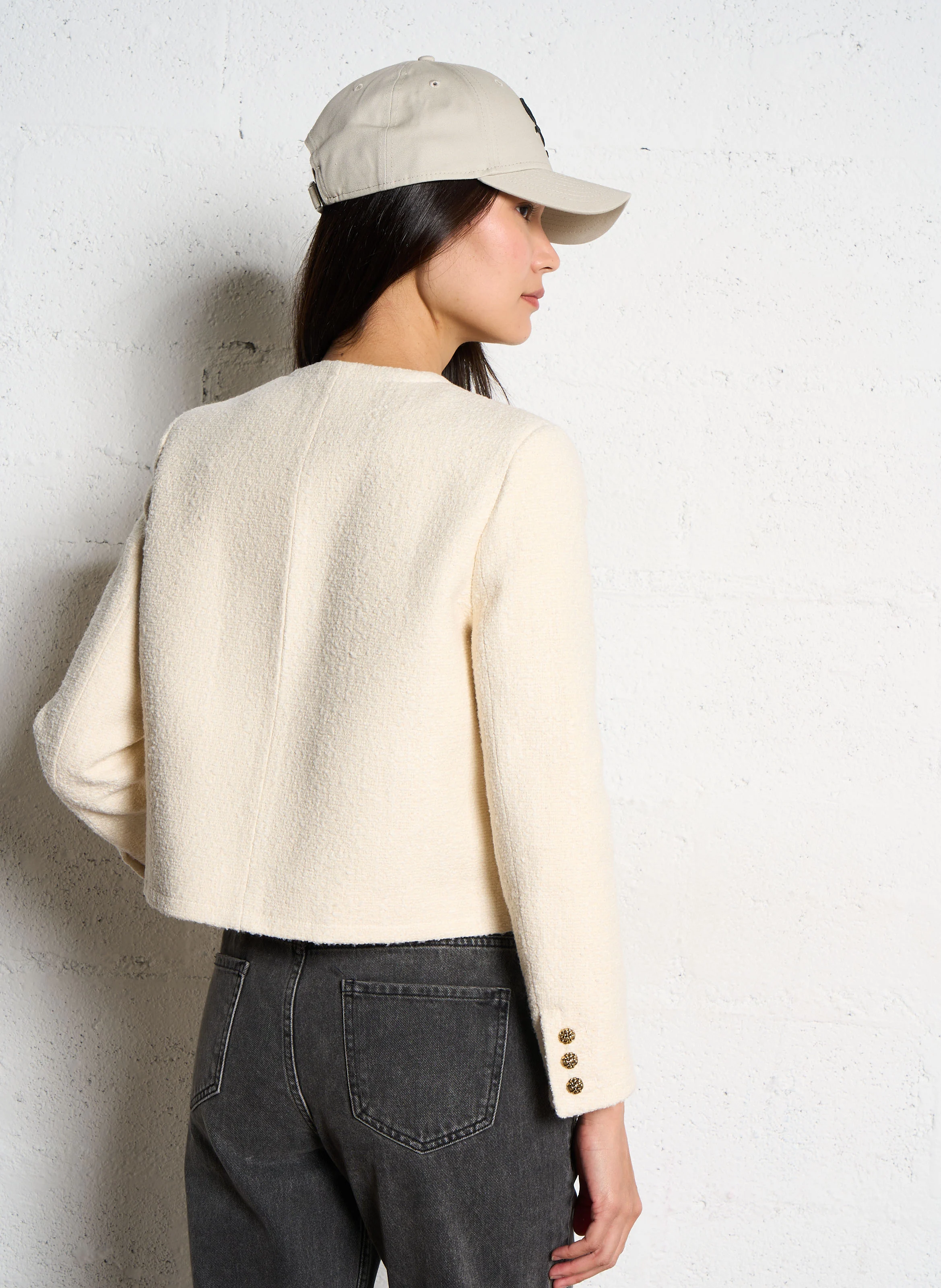 MEREDITH - Veste col rond jacquard en coton mélangé| Beige