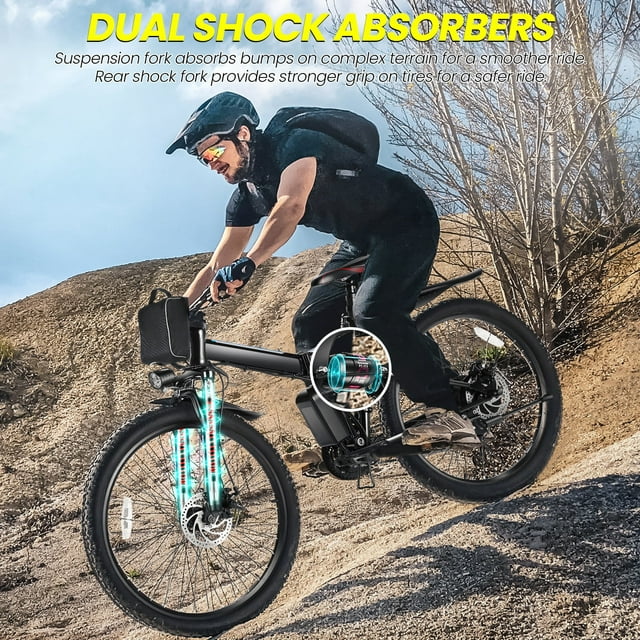 Bicicleta elétrica Gocio de 26 polegadas para adultos, bicicleta elétrica dobrável de montanha de 500 W com autonomia máxima de 80 km, suspensão total, bicicleta elétrica dobrável de 48 V com bateria de íon-lítio removível de 374,4 Wh.