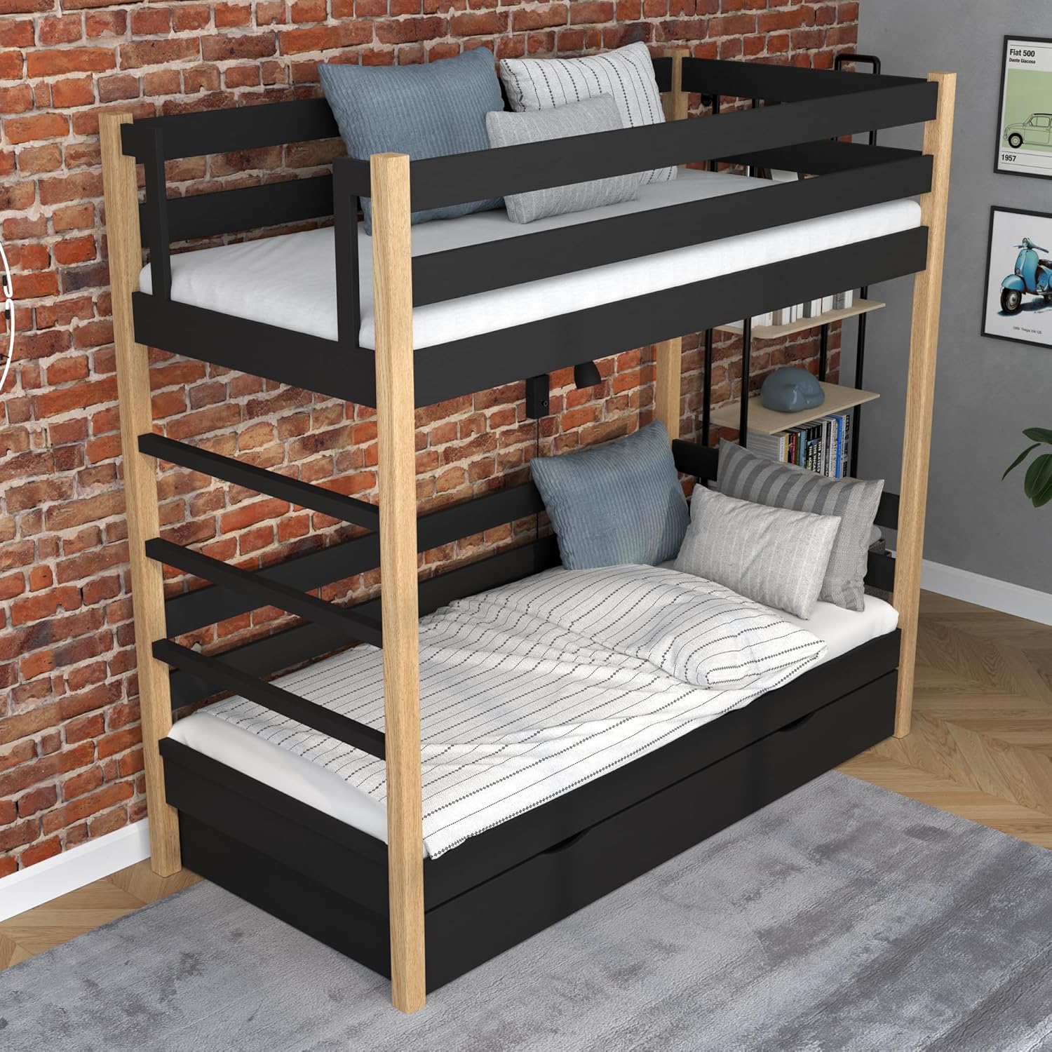 N03 Etagenbett mit Schublade, Kinderbett 90x200 cm, für 2 Kinder, 2 Leitermontageseiten: Links oder rechts, abgerundete Kanten, Massivholzkonstruktion, Hochwertige Materialien, Schwarzeiche
