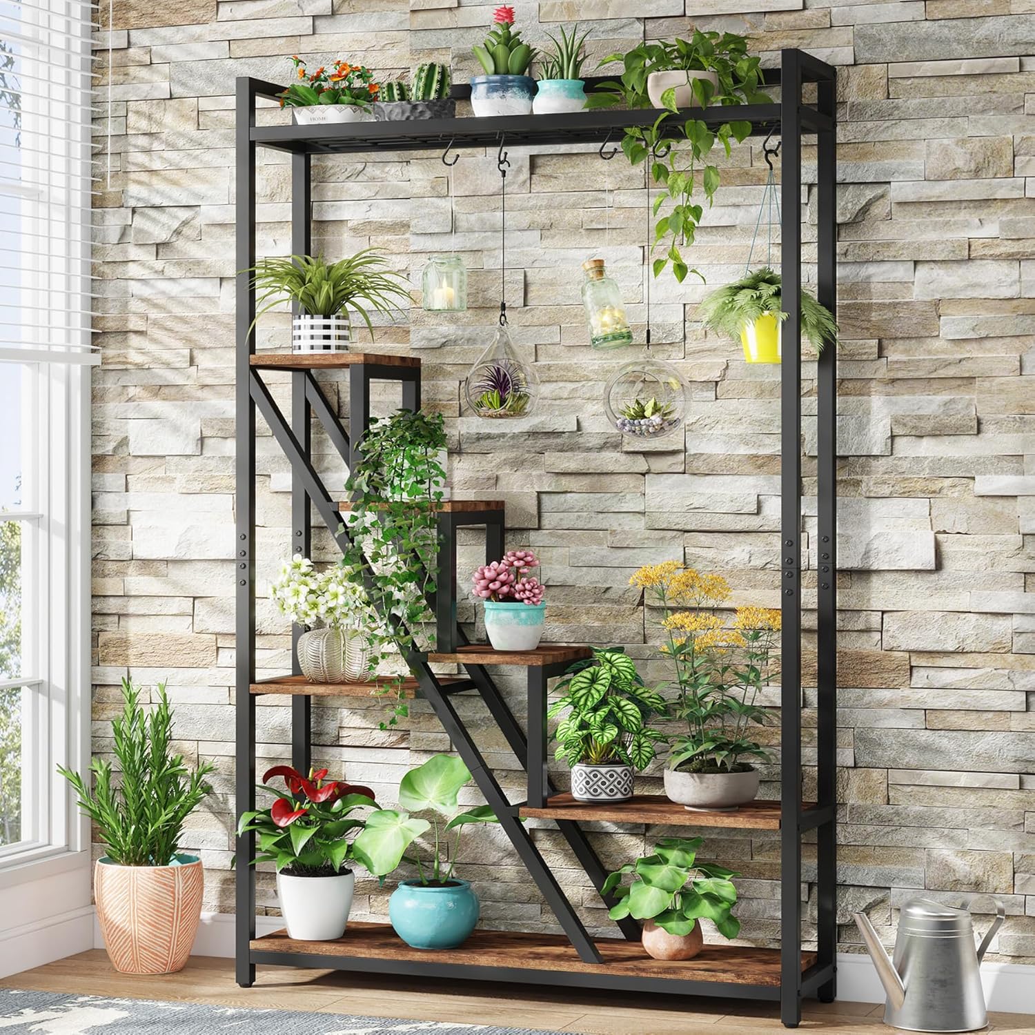Tribesigns Blumenständer, 7 Ebenen großes Pflanzenregal mit 5 S-Haken, 180cm Hoch Pflanzenständer industrieller Blumenständer aus Holz für Indoor Balkon Boden Blumentreppe Wohzimmer (Rustikales Braun)