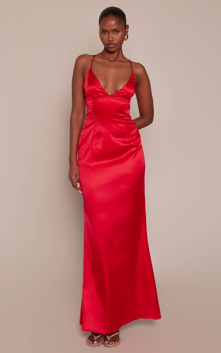 Rouge Robe Longue En Satin Avec Nœud Au Dos