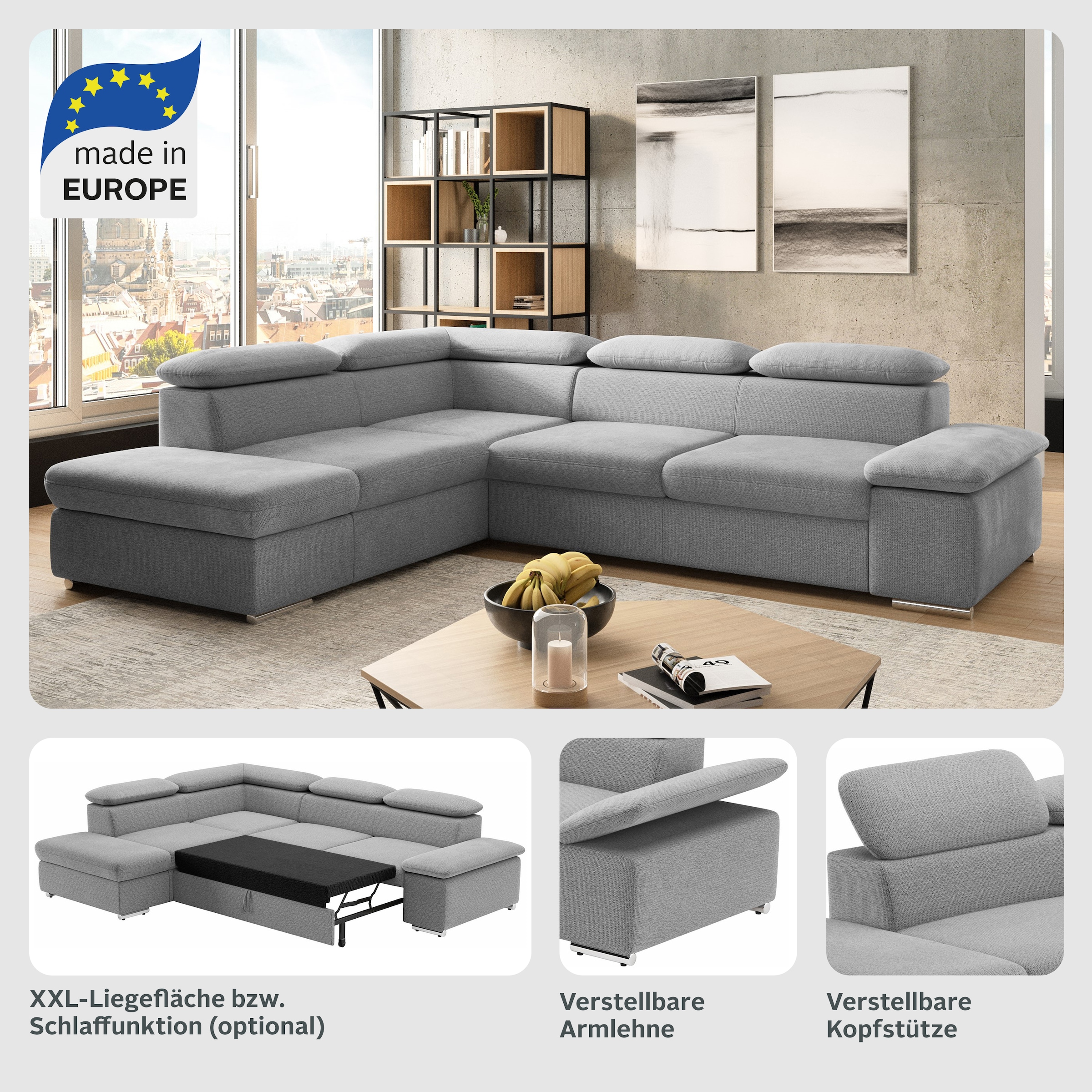 sit&more Ecksofa »Valentine L-Form, B: 272 cm« mit Arm- & Kopfteilverstellung, optional mit Bettfunktion