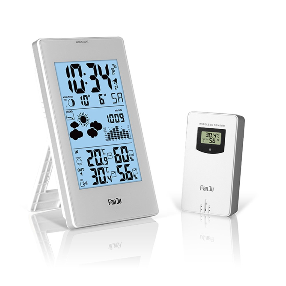 (2-tlg. Set) Wireless Wetterstation Digital Thermometer mit Hintergrundbeleuchtung und Hygrometer / Aussensensor (Batteriebetrieben) - Weiss