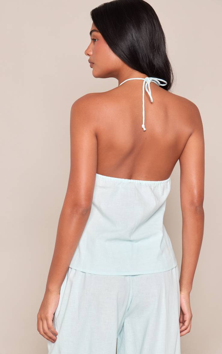 Bleu Layette Ensemble Coordonné Top Court Dos-nu Froncé En Lin