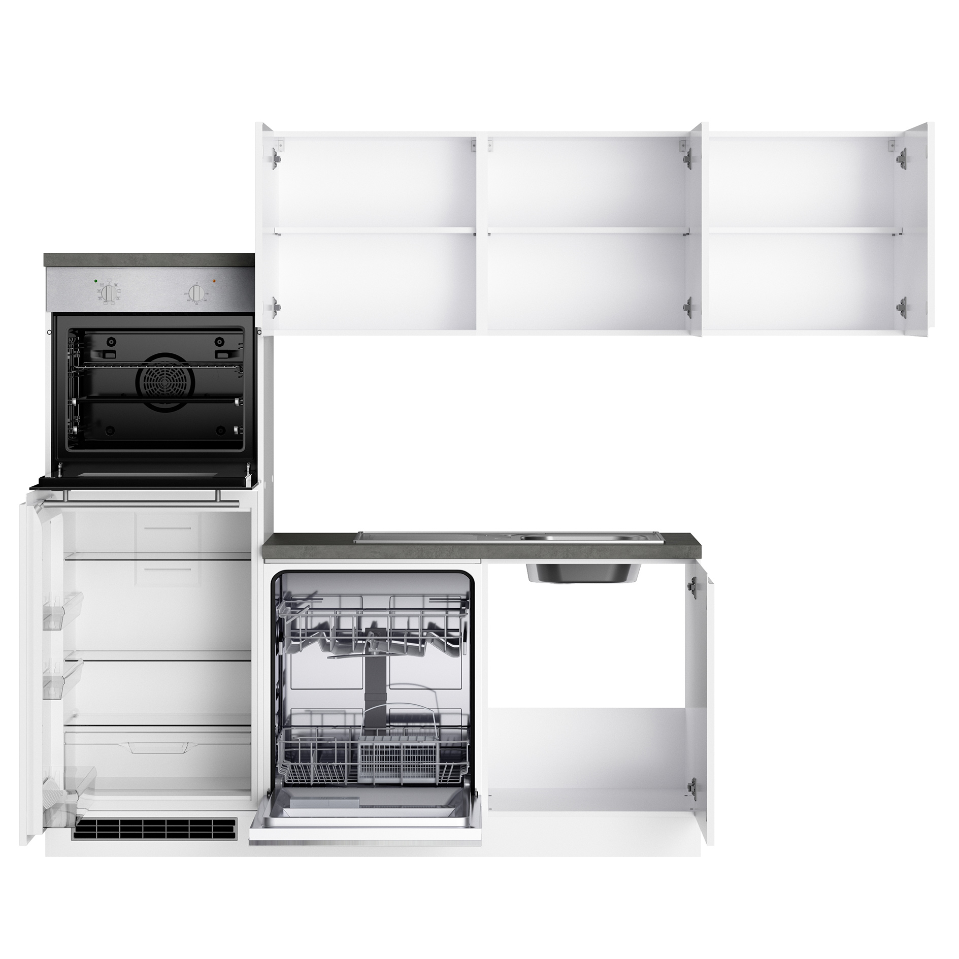 Winkelküche MONZA - weiß Hochglanz - Beton-Optik - mit E-Geräten - Glaskeramikkochfeld - 240x240 cm