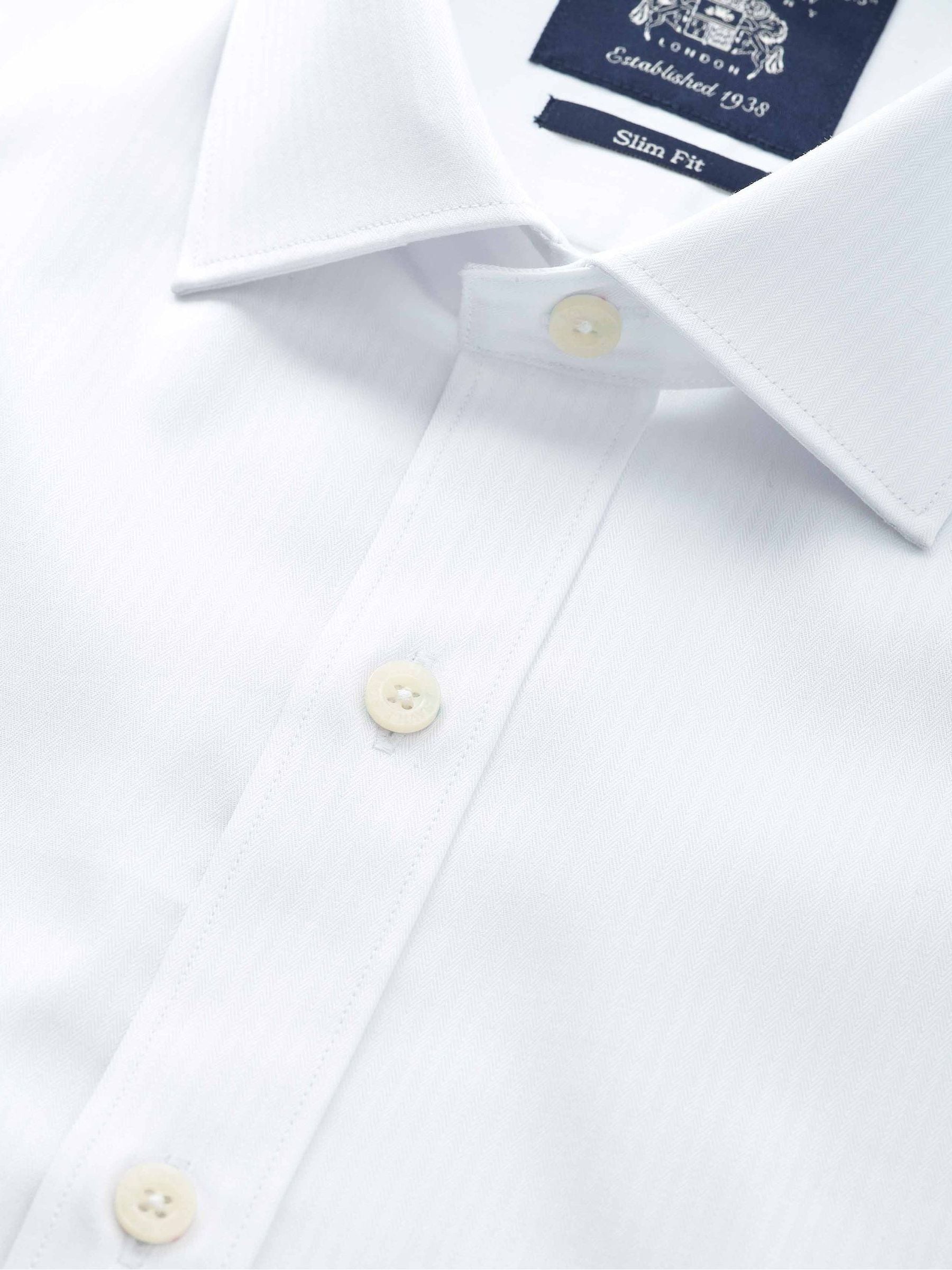 Savile Row Company Slim Fit White Herringbone Cotton Single Cuff Formal White Shirt