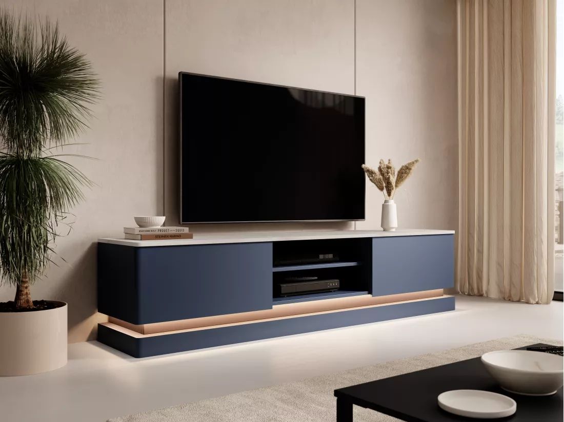 Meuble TV 2 tiroirs et 2 niches avec LEDs en MDF - Bleu et effet marbre blanc - DEVIKA de Pascal MORABITO