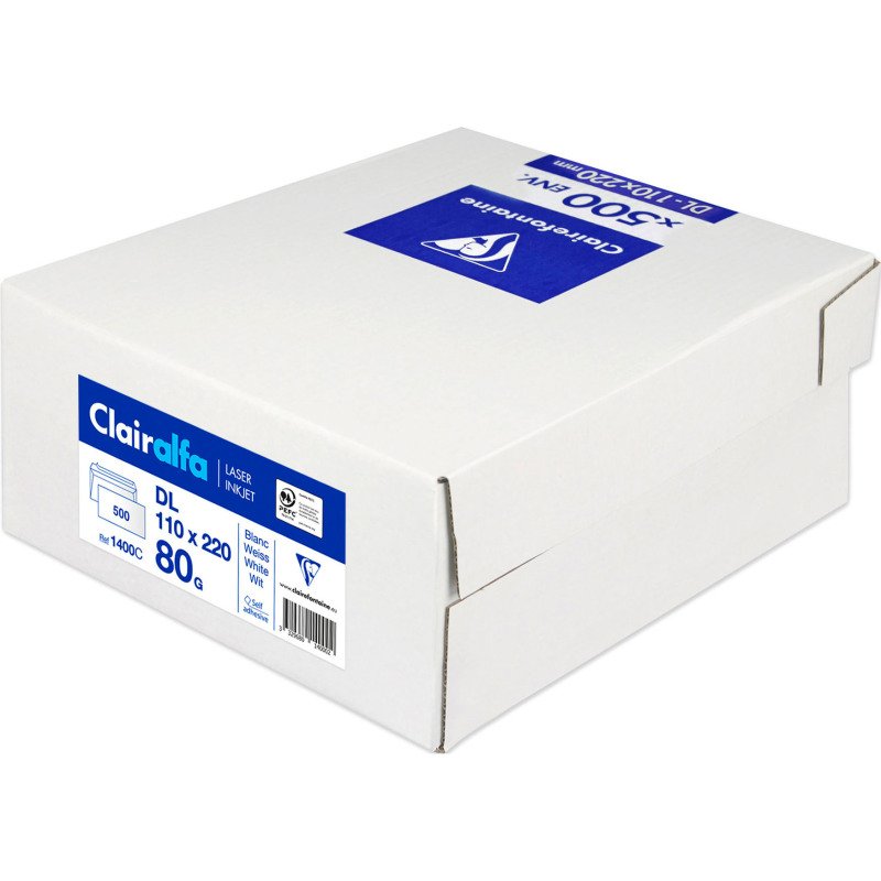 Enveloppe 110 x 220 mm Clairefontaine 80 g/m² blanche - Boîte de 500