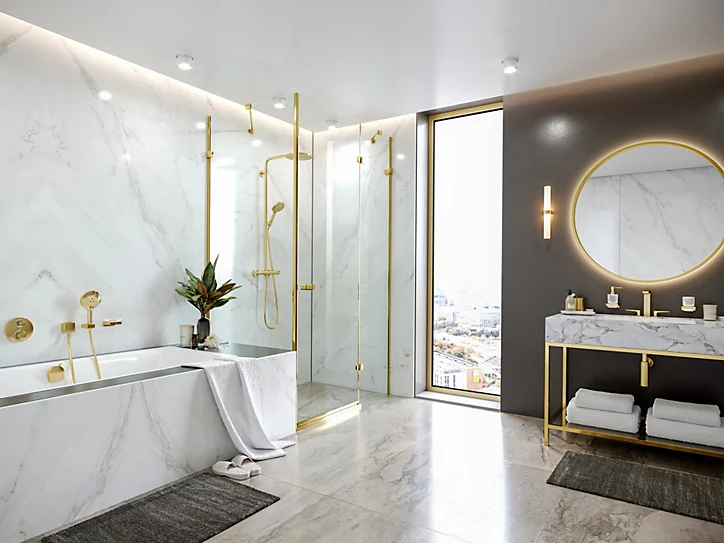 Colonne de douche thermostatique avec pommeau + douchette 1 jet + flexible + barre réglable, doré, Hansgrohe Raindance Select S 240 PowderRain