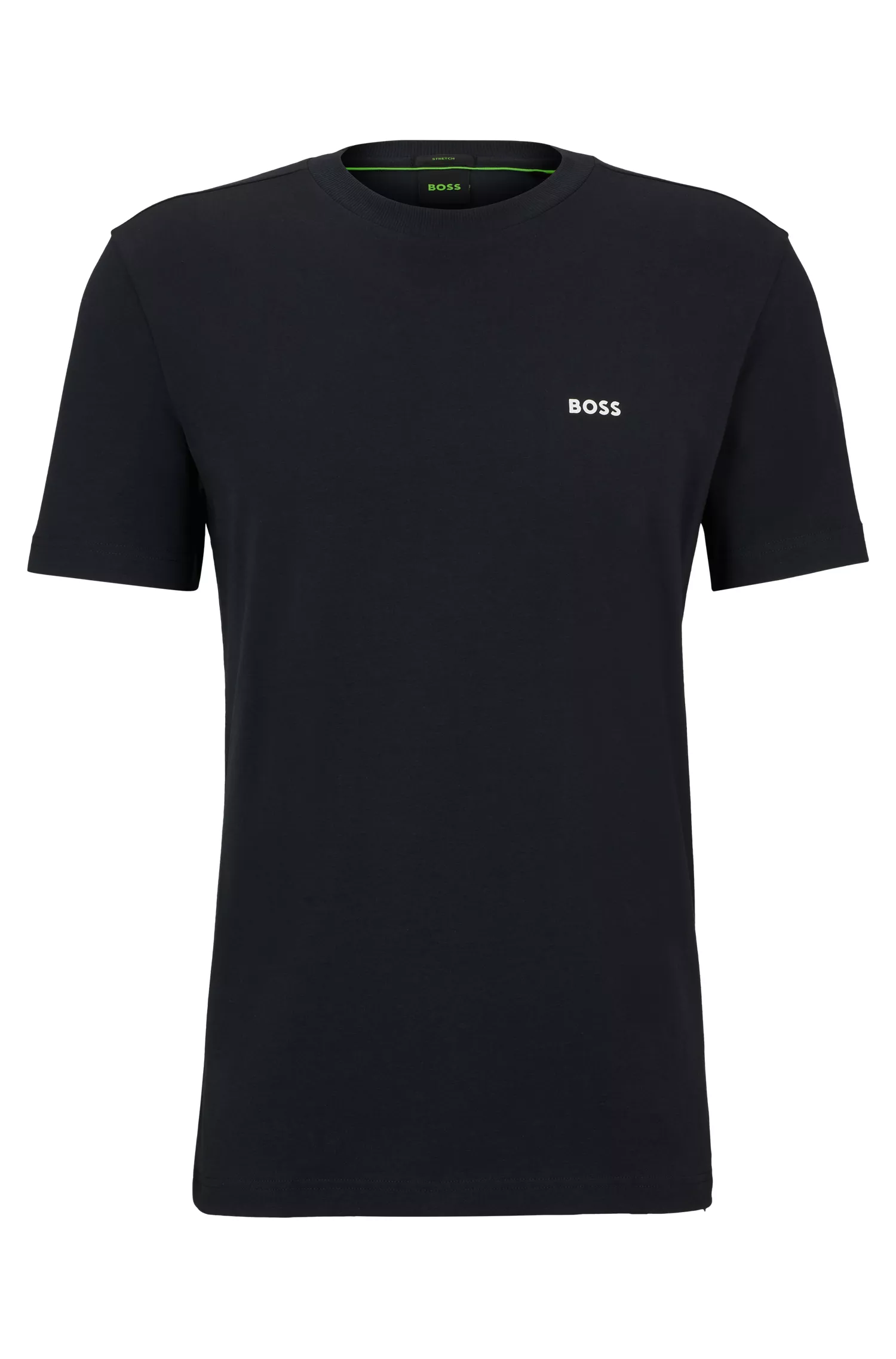 Camiseta BOSS verde de algodão stretch com modelagem regular e logotipo contrastante.