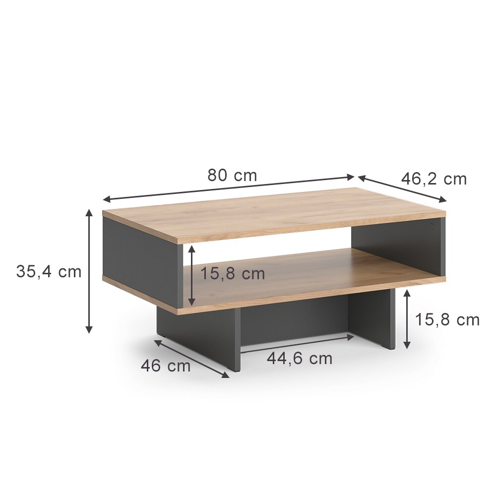 Vicco Couchtisch Josef Anthrazit Eiche 80 x 35 cm Wohnzimmertisch mit Regal modern
